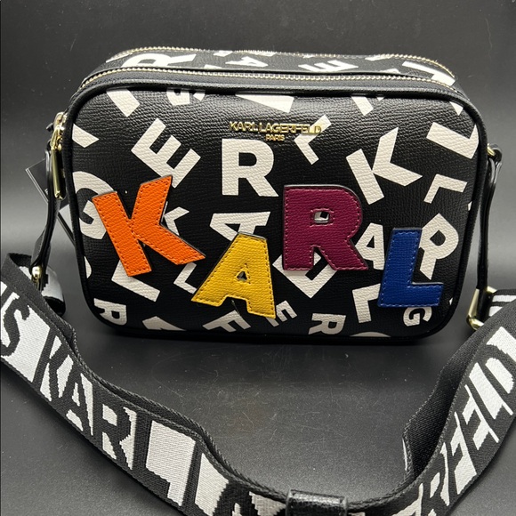 Karl Lagerfeld Handbags - Karl Lagerfeld Black Crossbody Bag Camera Bag with Multicolor Letters NEW